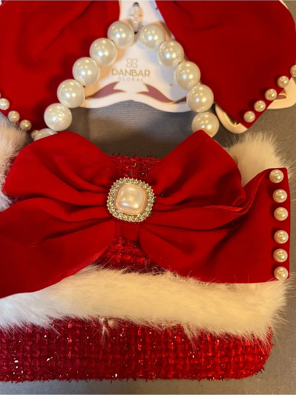 Kids Red Velvet Bow Hair Clip and Purse Set with Pearl Accents Holiday Festive